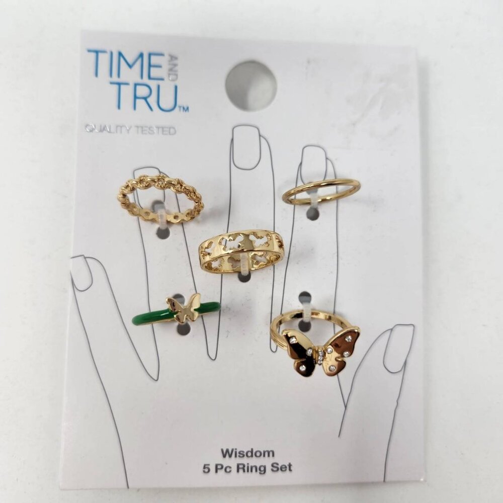 Time And Tru Wisdom 5 Pc Ring Set - Butterfly & Floral Designs Gold-Tone